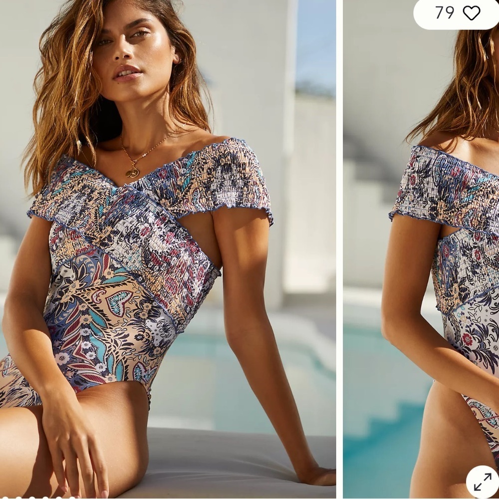 Anthropologie by Anthropologie Smocked Off-The-Shoulder Swimsuit medium
